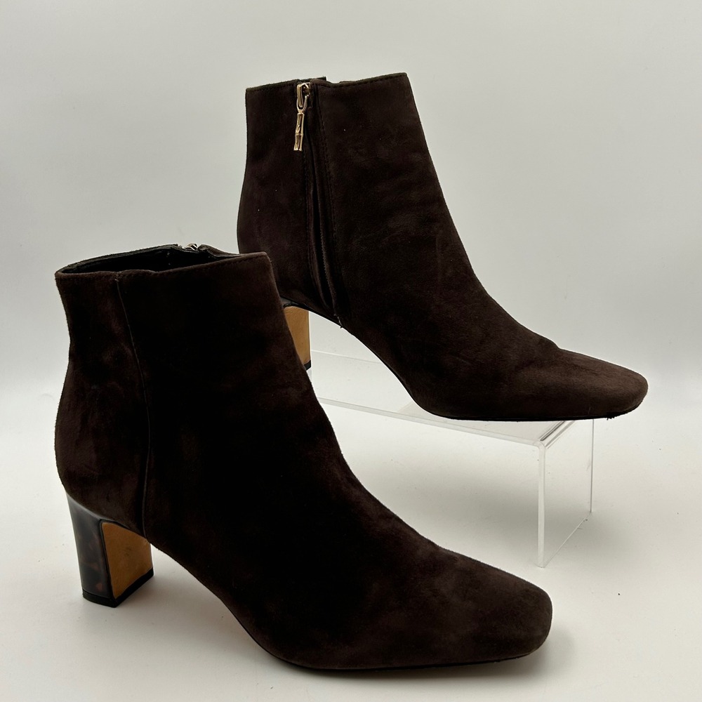 J.McLaughlin Gloria Ankle Boots Womens 8 Brown Suede Tortoise Block Heel Preppy‎